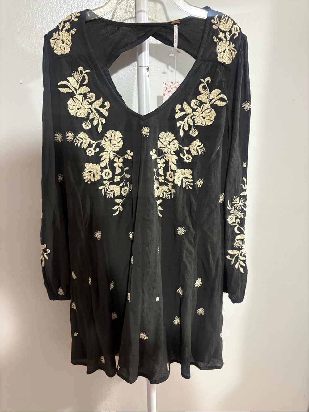 Free People Black V-Neck Tunic with Cream Floral Embroidery